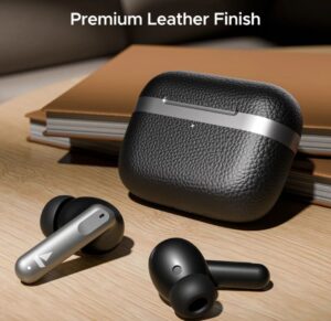 Premium leather finish boAt wireless earphones case design